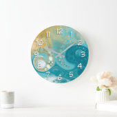 Blue Waves und Sandy Brown Fluid Art Große Wanduhr (Zuhause)