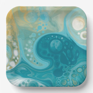 Blue Waves und Sandy Brown Fluid Art Pappteller