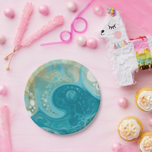 Blue Waves und Sandy Brown Fluid Art Pappteller (Party)