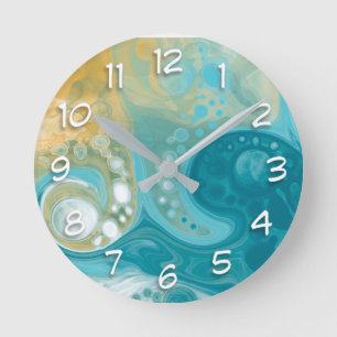 Blue Waves und Sandy Brown Fluid Art Runde Wanduhr