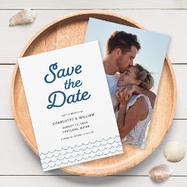 Blue Waves with Your Photo Save the Date Card