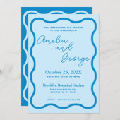 Blue Wavy Retro Hochzeitseinladung Einladung (Vorne/Hinten)