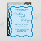 Blue Wavy Retro Hochzeitsfeier Foto Einladung (Vorne/Hinten)