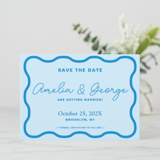 Blue Wavy Retro Save The Date (Stehend Vorderseite)