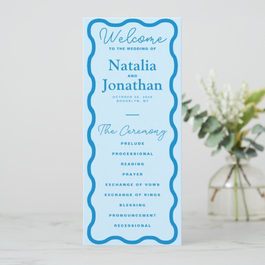 Blue Wavy Retro Wedding Programm (Stehend Vorderseite)