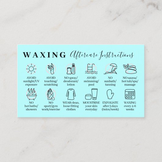 Blue Waxing Aftercare zwölf Anweisungen Visitenkarte (Rückseite)