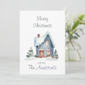 Blue Wcolor House Weihnachtskarte Einladung (Stehend Vorderseite)