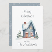 Blue Wcolor House Weihnachtskarte Einladung (Vorne/Hinten)