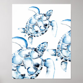 Blue Wcolor Sea Turtle Beach Poster