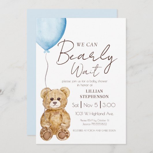 Blue We Can Bearly Wait Boy Baby Shower Einladung (Vorne/Hinten)
