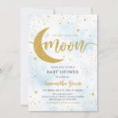 Blue We Over Moon Baby Shower Einladung (Vorderseite)
