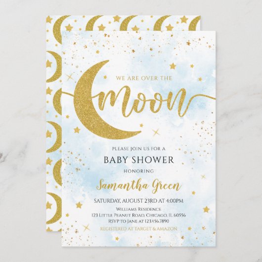 Blue We Over Moon Baby Shower Einladung (Vorne/Hinten)