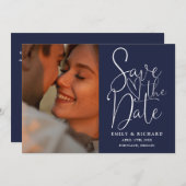 Blue Wedding 2 Foto QR Code Elegantes Skript Save The Date (Vorne/Hinten)