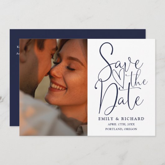 Blue Wedding 2 Foto QR Code Elegantes Skript Save The Date (Vorne/Hinten)