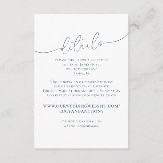 Blue Wedding Details Script Custom Begleitkarte (Vorderseite)