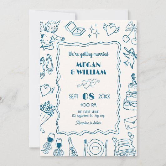 Blue Wedding Line Sketch Spaß Einladung (Vorderseite)