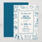 Blue Wedding Line Sketch Spaß Einladung (Vorne/Hinten)