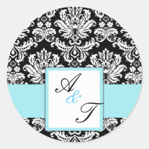 Blue Wedding Monogram Damask Siegel Runder Aufkleber