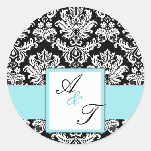 Blue Wedding Monogram Damask Siegel Runder Aufkleber (Vorderseite)