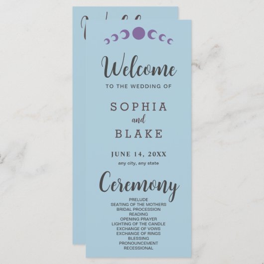Blue Wedding Program für lila Mondphasen (Vorne/Hinten)