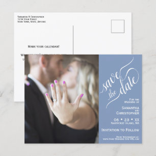 Blue Wedding Save the Date Foto & Calligrafy Ankündigungspostkarte