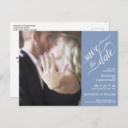 Blue Wedding Save the Date Foto & Calligrafy Ankündigungspostkarte (Vorne/Hinten)
