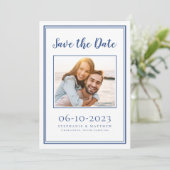 Blue Wedding Simple Verlobung Foto Modern Save The Date (Stehend Vorderseite)