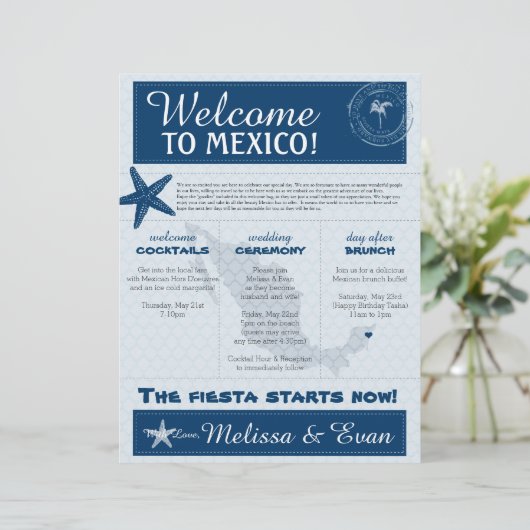 Blue Wedding Starfish Willkommensbrief für Mexiko (Stehend Vorderseite)