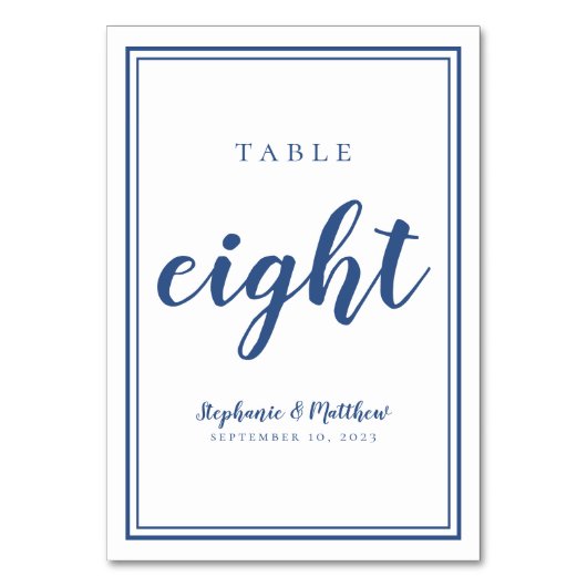Blue Wedding Table Eight Modernes Minimalistisch e Tischnummer (Vorderseite)