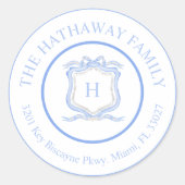 Blue Wedgwood Monogram Wappen Rücksendeadresse Runder Aufkleber (Vorderseite)