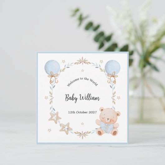 Blue Welcome Baby Boy Floral Frame Teddy Bear Card (Stehend Vorderseite)