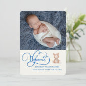 Blue Welcome Calligraphy Birth Ankündigung (Stehend Vorderseite)