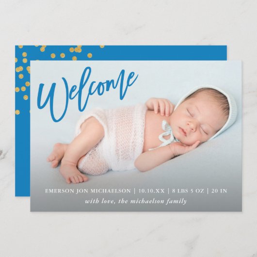 Blue Welcome Imitate Gold Confetti Baby Boy Birth Ankündigung (Vorne/Hinten)