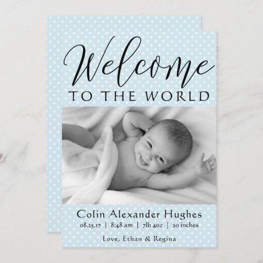 Blue Welcome to World - Birth Ankündigung (Vorne/Hinten)