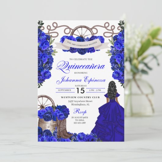 Blue Western Charra Ranchero Quinceanera Einladung (Stehend Vorderseite)