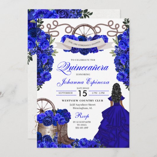 Blue Western Charra Ranchero Quinceanera Einladung (Vorne/Hinten)