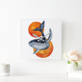 Blue Whale and Golden Balls Quadratische Wanduhr (Zuhause)