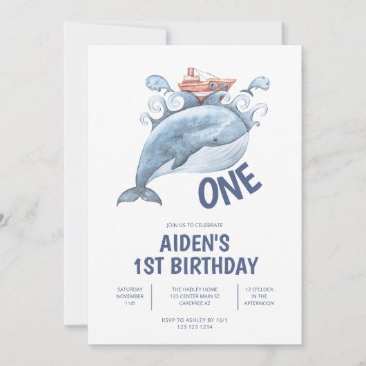 Blue Whale Boy 1. Geburtstag Einladung (Vorderseite)