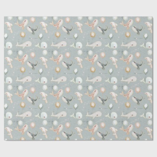 Blue Whale Dolphin und Balloon Gold Glitzer Geschenkpapier (Flach)