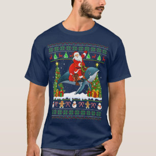 Blue Whale Lover Ugly Santa Riding Blue Whale Chri T-Shirt