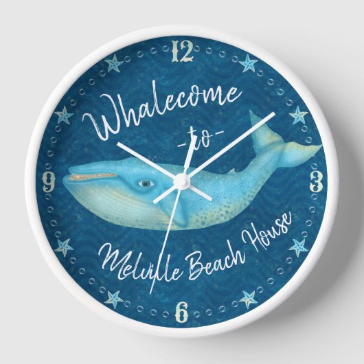 Blue Whale Nautical Whalecome | Benutzerdefiniert Uhr (Vorderseite)