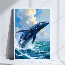 Blue Whale Ocean Animal Watercolor Art Poster