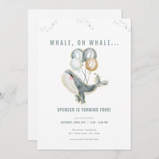 Blue Whale Oh Whale Birthday Einladung (Vorne/Hinten)