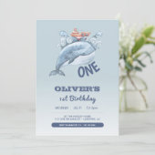 Blue Whale One Boy 1. Geburtstag Einladung (Stehend Vorderseite)