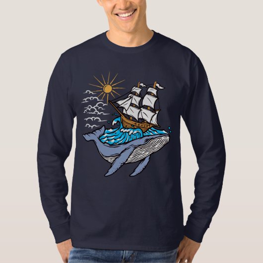 Blue Whale Segelschiff Wave Nautical Theme T-Shirt (Vorderseite)