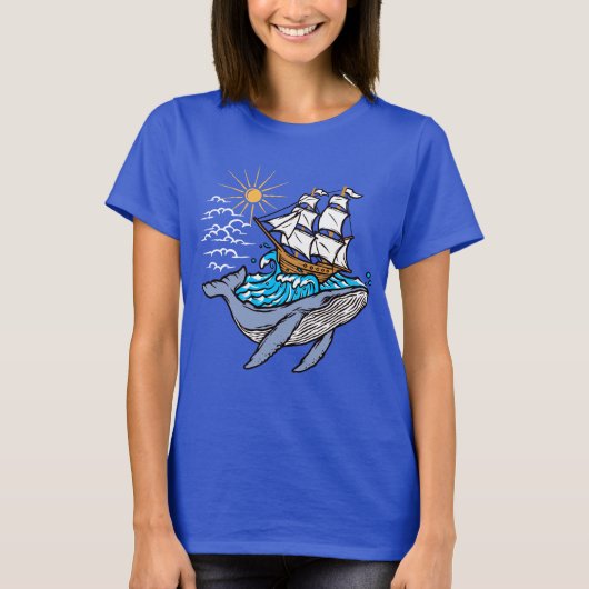 Blue Whale Segelschiff Wave Nautical Theme T-Shirt (Vorderseite)