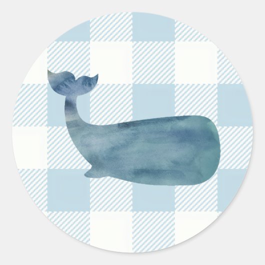 Blue Whale Shiplap Nautical Gingham Runder Aufkleber (Vorderseite)