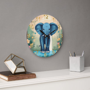Blue Whimsical Baby Elephant, Große Wanduhr