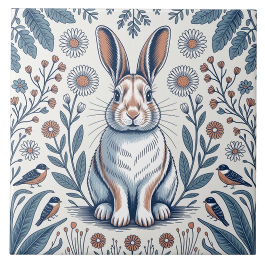 Blue Whimsical Bunny Rabbit Floral Design Fliese (Vorderseite)