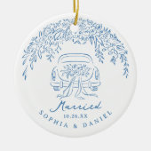 Blue Whimsical Car Our First Christmas Married Keramik Ornament (Vorne)
